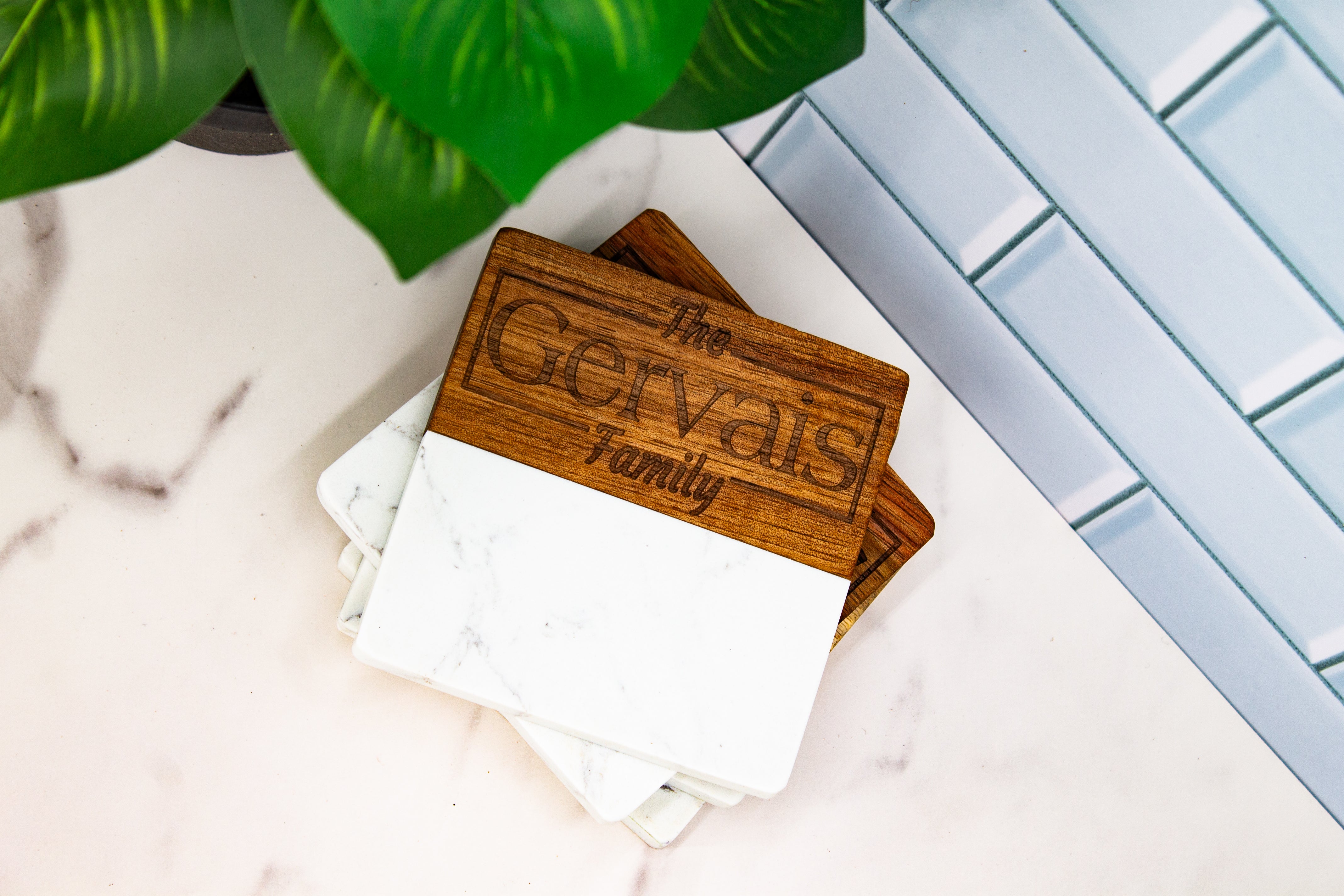 Marble and Wood Engraved Coasters - Set of Four